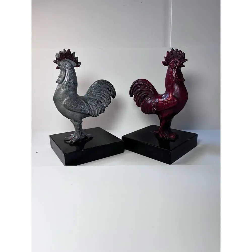 Vintage Rooster Bookends Red Silver Farmhouse French Country Kitchen Decor Heavy